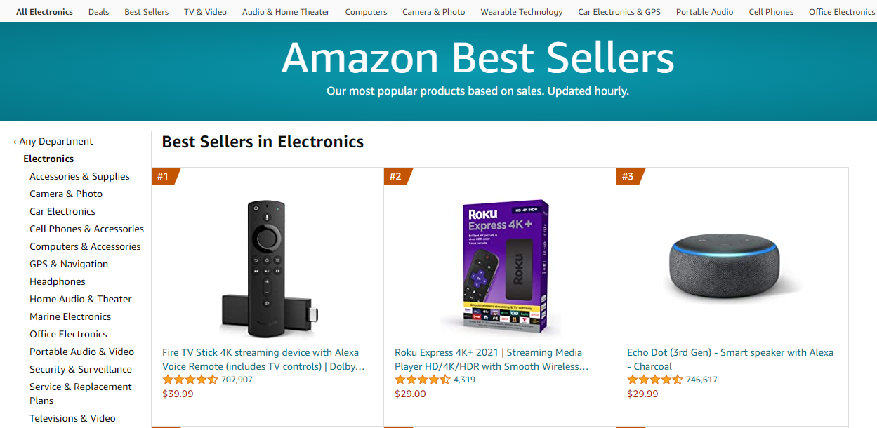 screenshot of Amazon bestseller page results