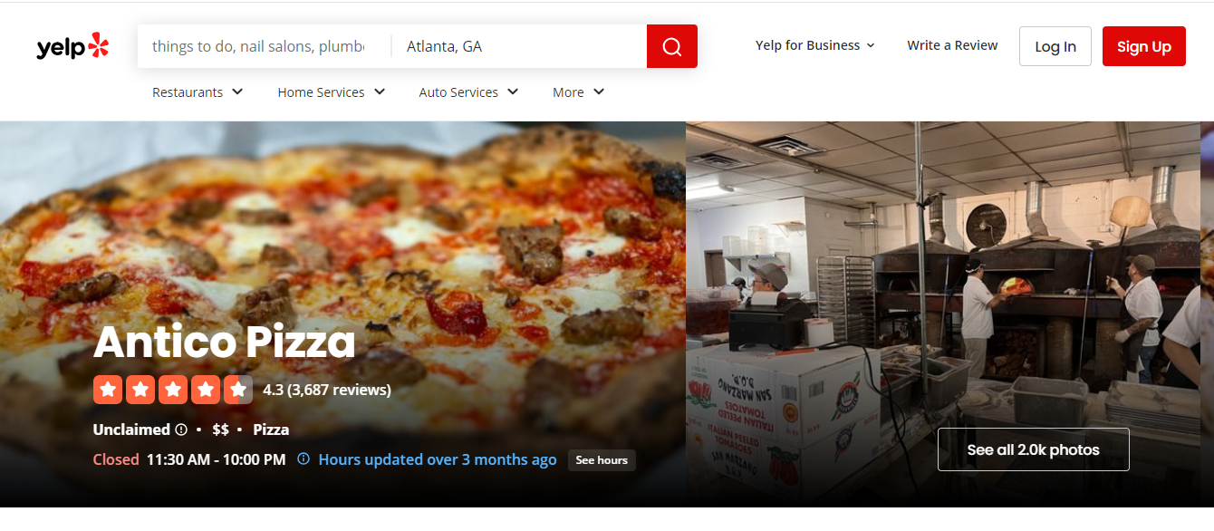 Screenshot of yelp rating for a pizza restaurant in Atlanta