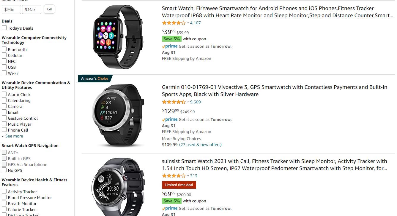 screenshot of Amazon search results