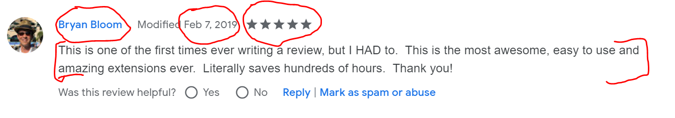 Screenshot of important elements to extract from individual Google chrome web store user review