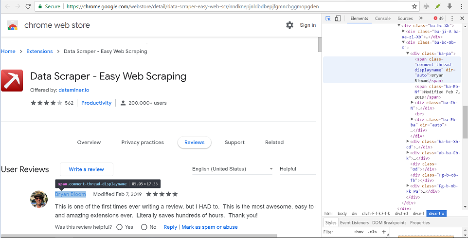 Screenshot of Google chrome web store extension reviews