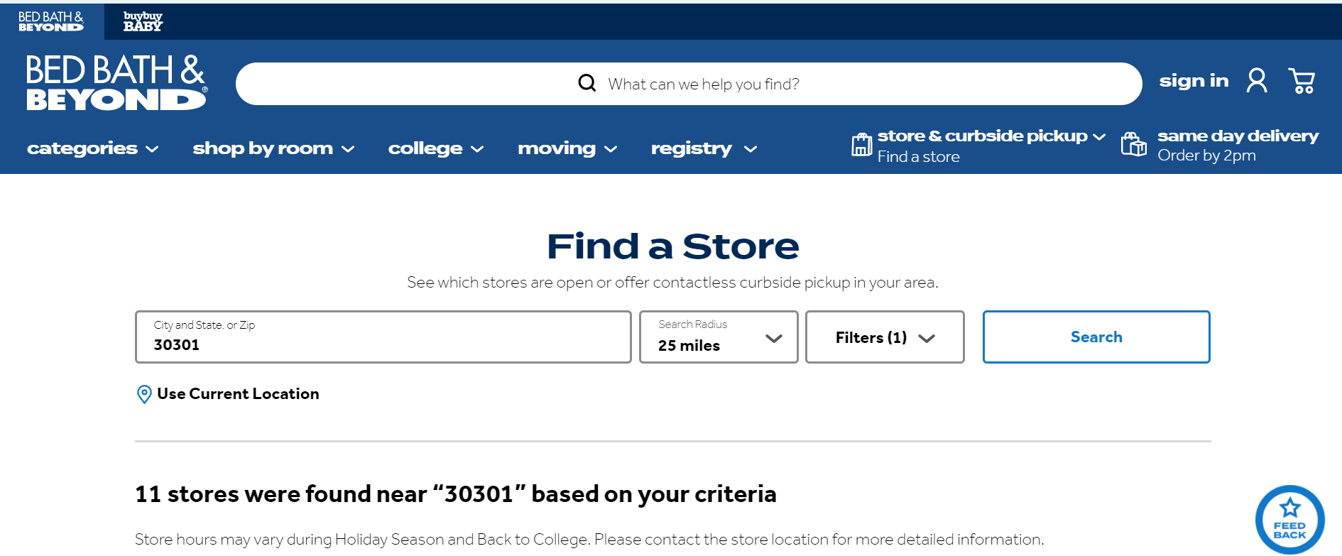 HTML source code for Bed Bath and Beyond store locator webpage