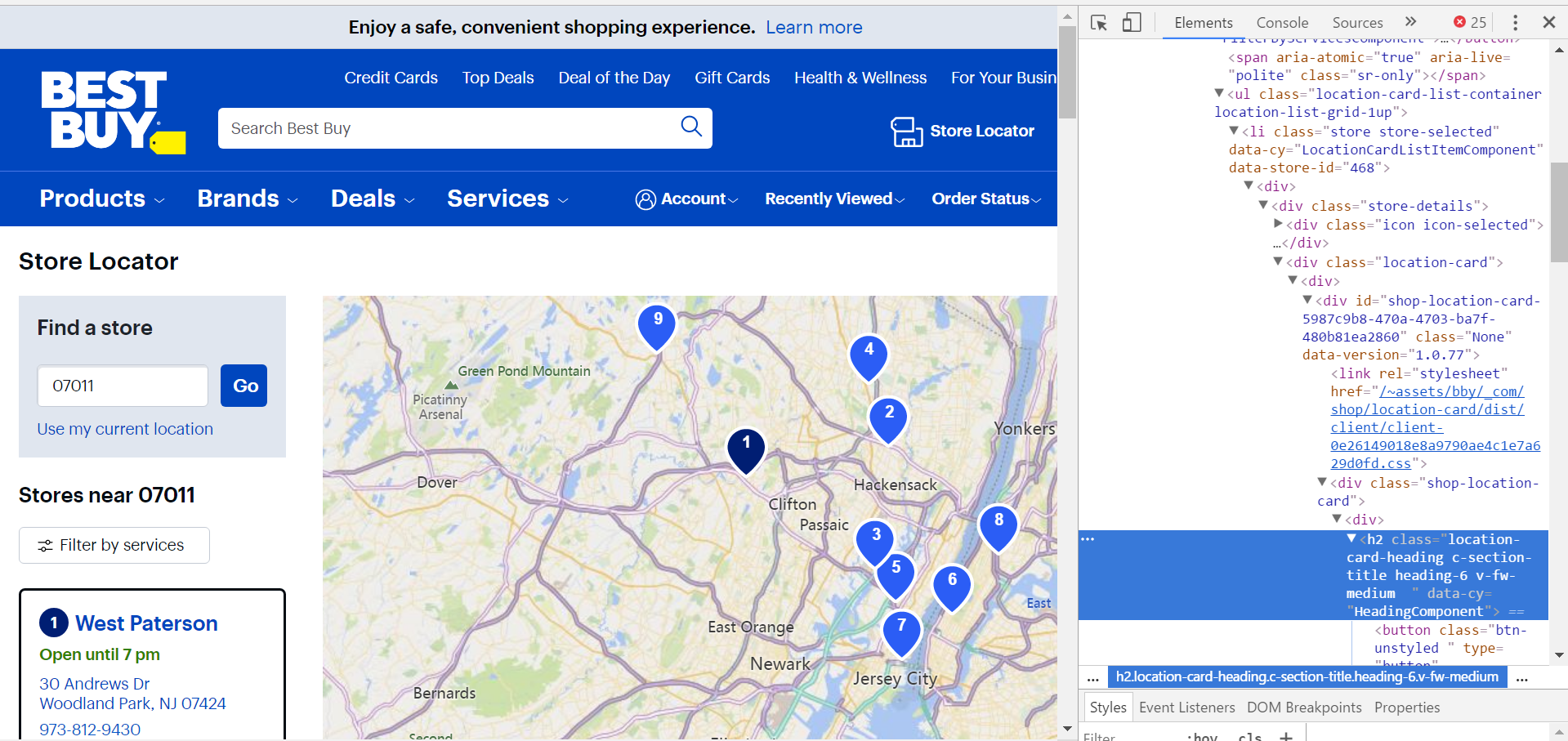HTML source code for Best Buy store locator webpage