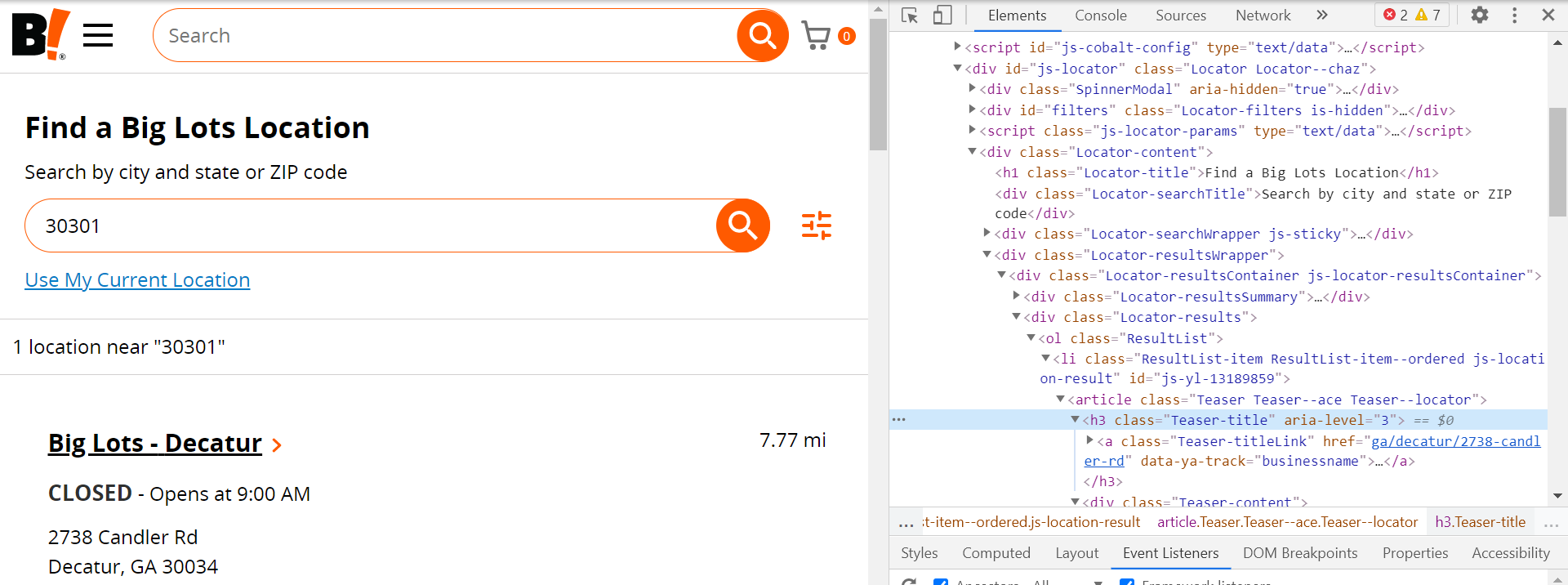 HTML source code for Big lots store locator webpage