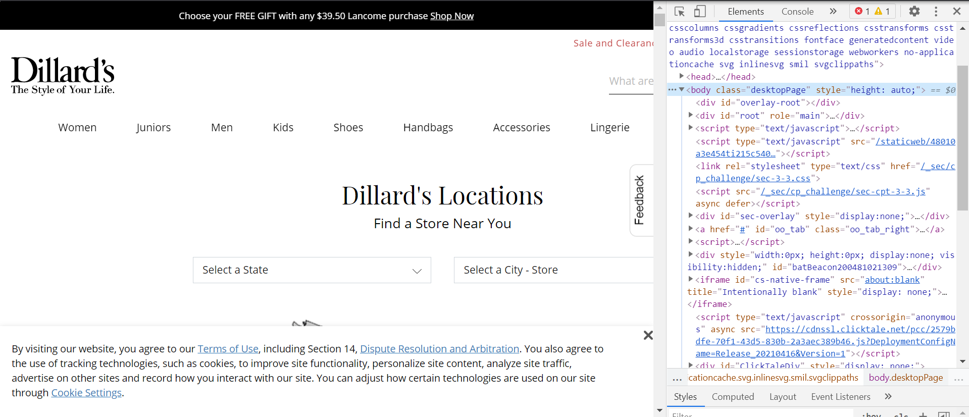 HTML source code for Dillard's store locator webpage