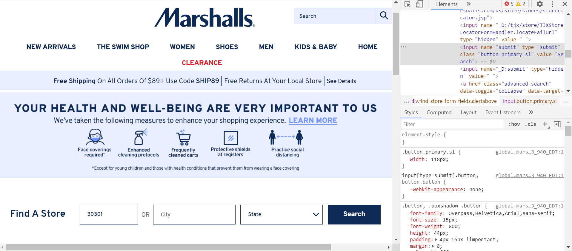 HTML source code for Marshalls store locator webpage