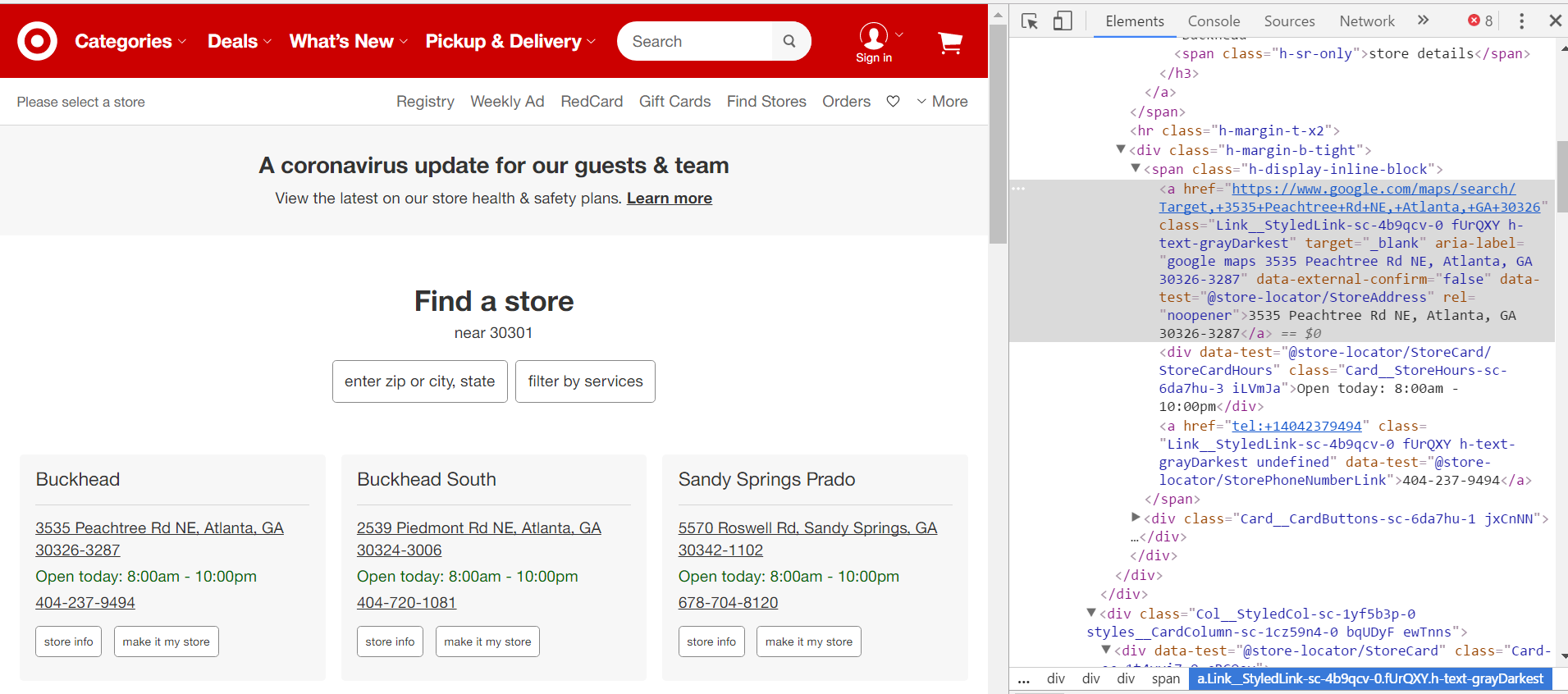 HTML source code for Target store locator webpage
