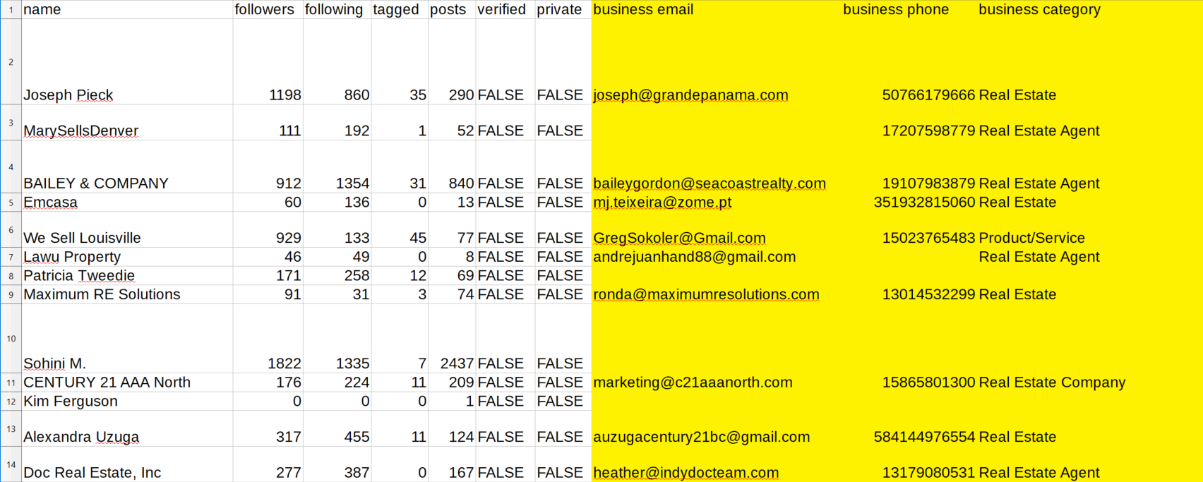 screenshot of spreadsheet containing contact details