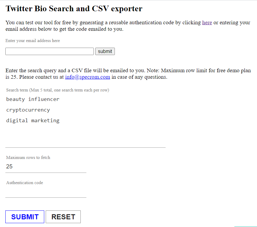 Specrom Twitter bio exporter tool