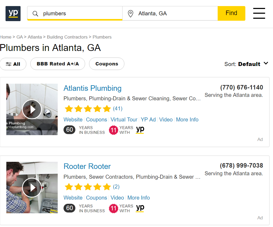 screenshot of yellowpages.com