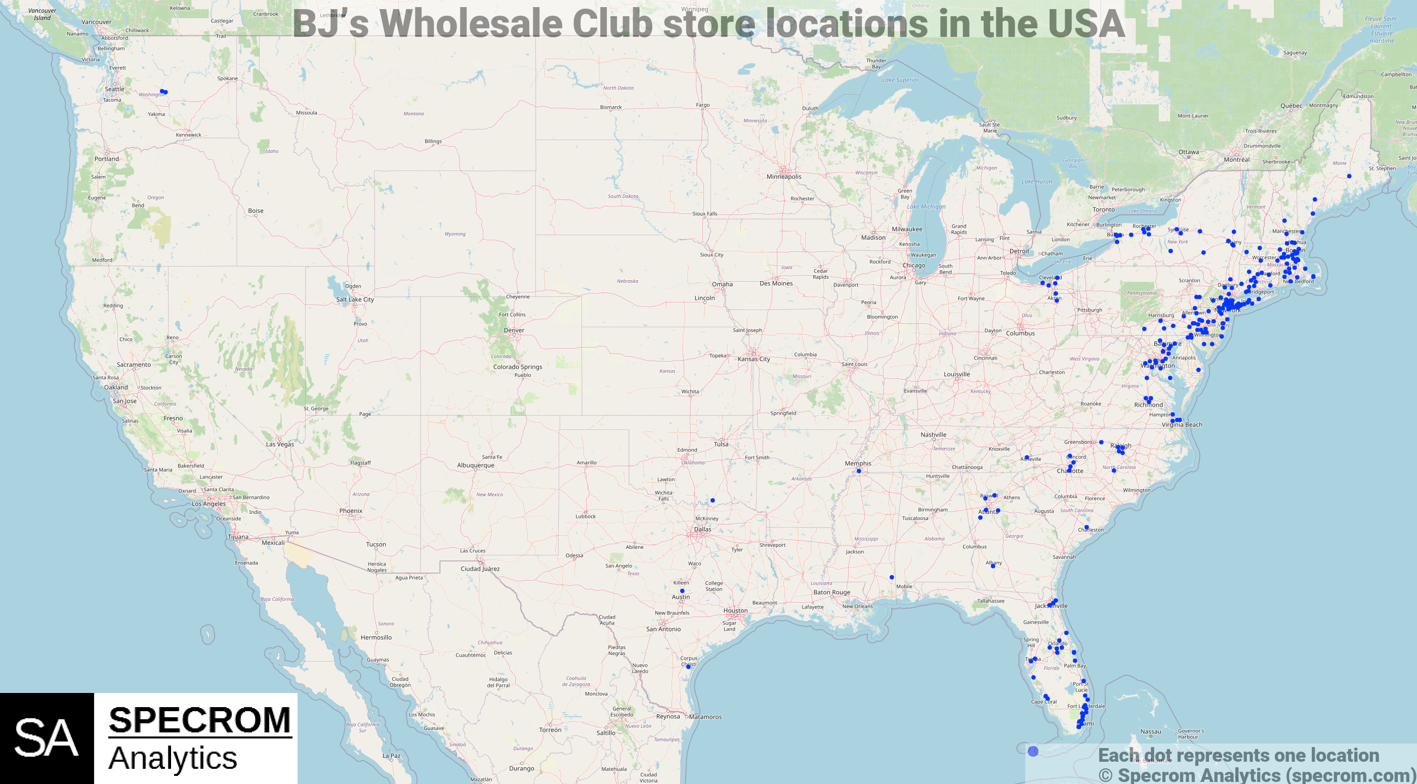 BJ's Wholesale Club store locations in the USA
